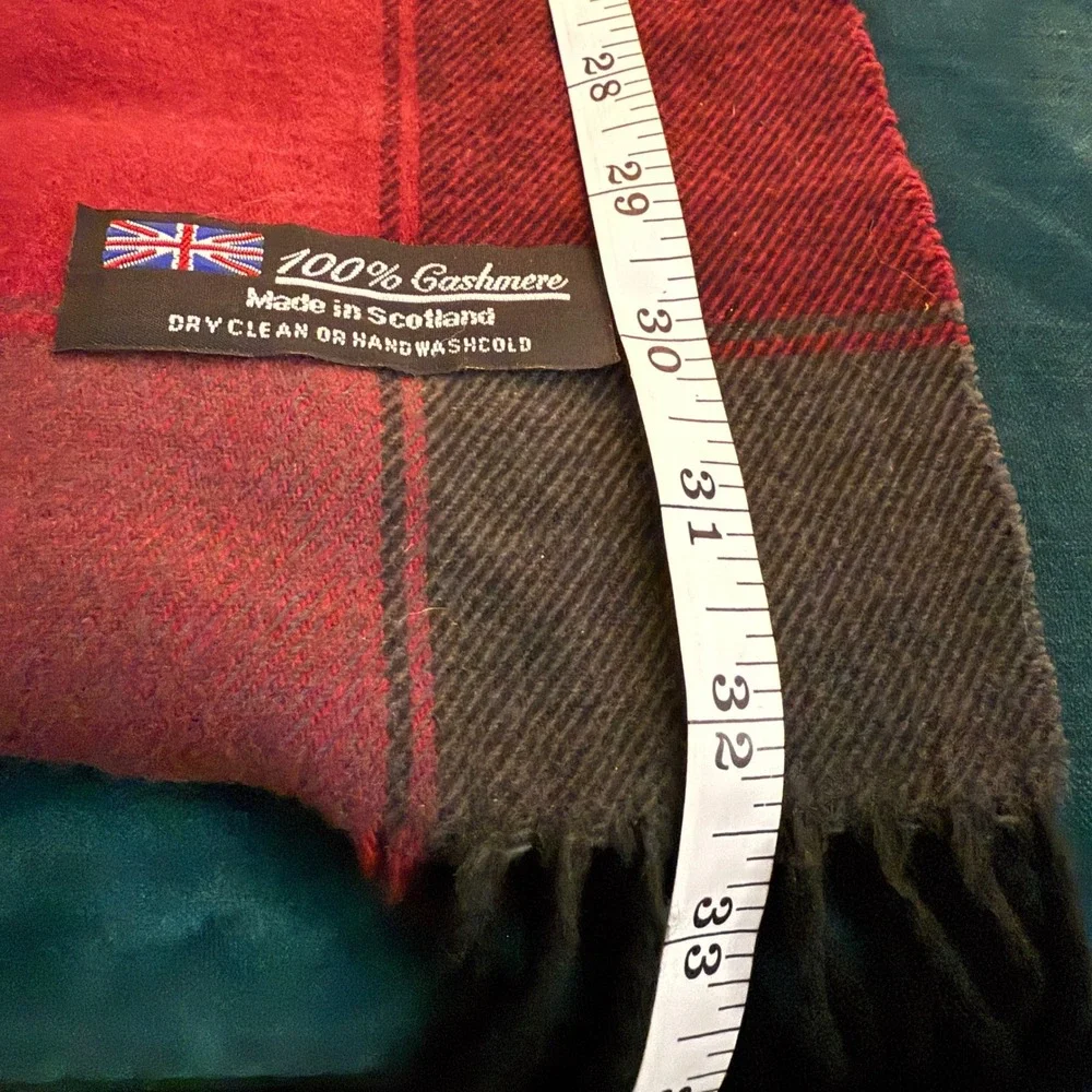 100% Cashmere‎ Plaid Scarf Made in Scotland Red Grey Maroon Luxury Warm Fringe